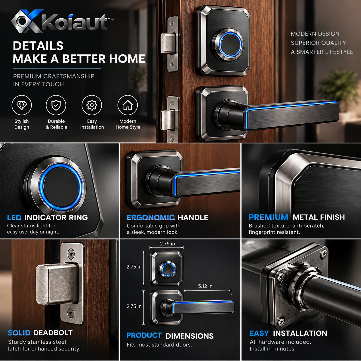 Koiaut™ Smart Fingerprint Deadbolt & Lever Set view 2