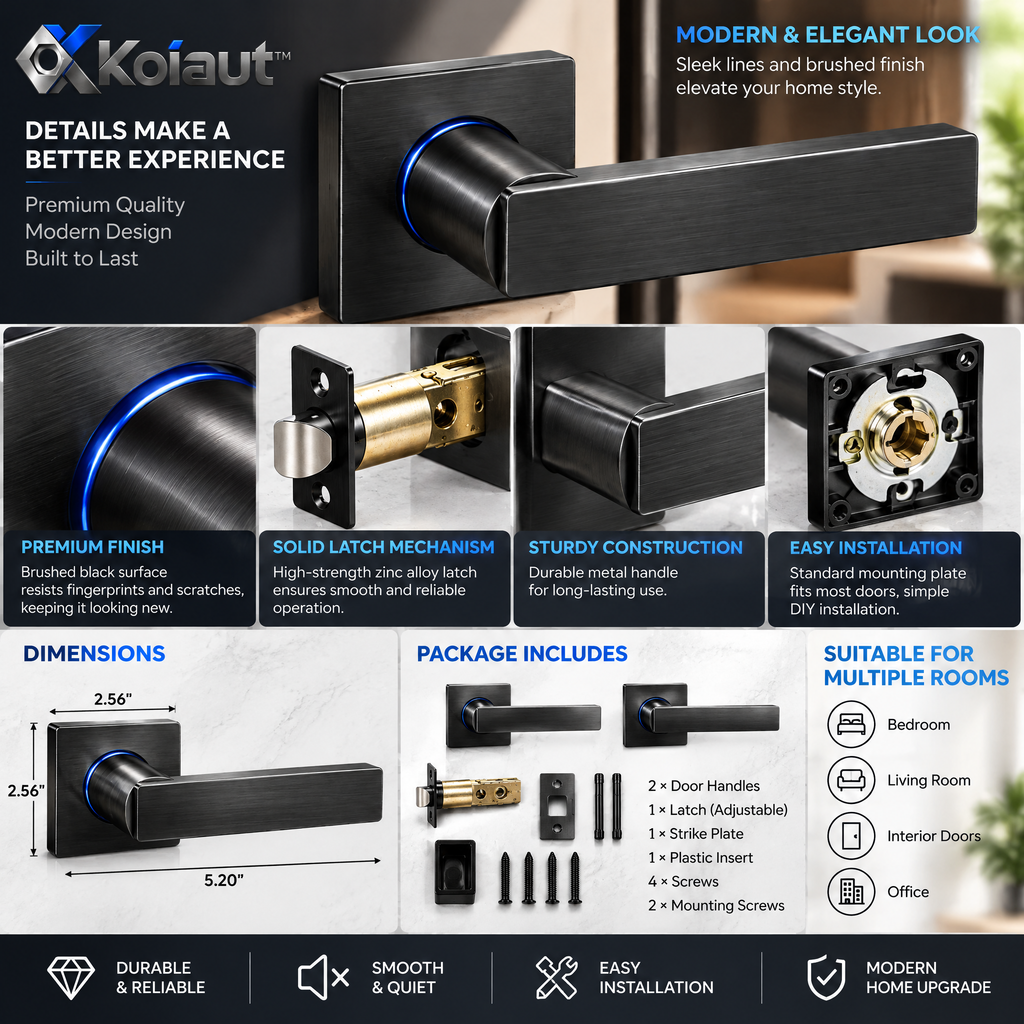 Koiaut™ Modern Matte Black Door Lever Set view 4
